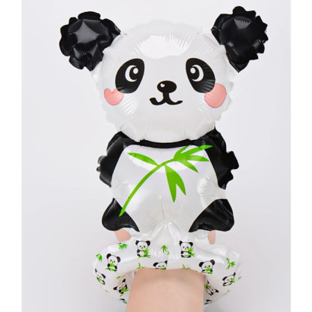Balon din Folie Metalizata, Cyrax, Figurine Animalute, Tip Bratara, Model Panda, 13 x 35 cm, Ambalaj Individual, Pai Inclus, Umflare cu Aer sau Heliu, Alb/Negru