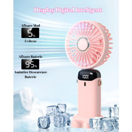 Ventilator Ultra Portabil cu Aromaterapie,  3 in 1, de Mana, de Birou, de Gat, 5 Trepte de Viteza, Incarcare USB, Autonomie 12h, Pliabil, cu Ecran LCD, Roz