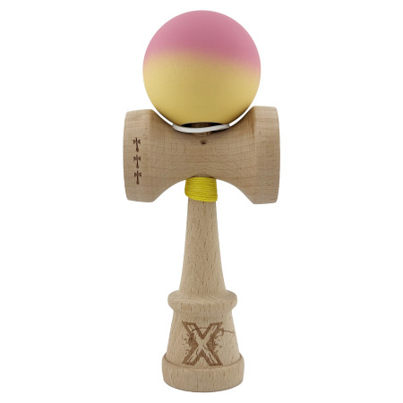 Kendama X Originala, Profesionala, Cyrax, Rubber Grip, Cupe Mari KING SIZE V3, Gaura in Baza, Rulment Metalic, din lemn 18 cm, Ata 62/65 cm, Gradient Roz/Galben