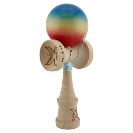 Kendama X Originala, Profesionala, Cyrax, Big Cups V2, Super Sticky Cupe Mari, Rulment Metalic cu Ata 55 cm, Rosu/Galben/Albastru