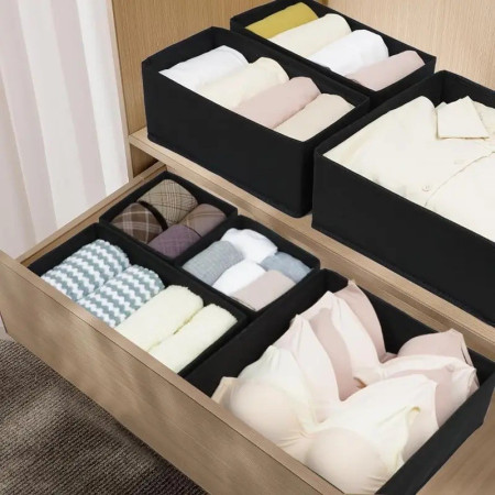 Organizator pentru Sertar,  3 Marimi, pentru Lenjerie, Tricouri, Sosete, 6 Piese, Pliabil, Stivuibil, din Tesatura, Negru