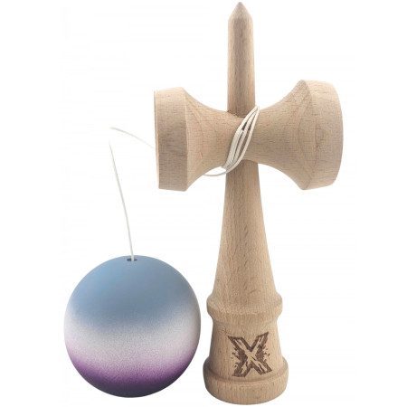 Kendama X Originala, Profesionala, Cyrax, Rubber Grip, din Lemn, 18 cm, Gri/Alb/Mov