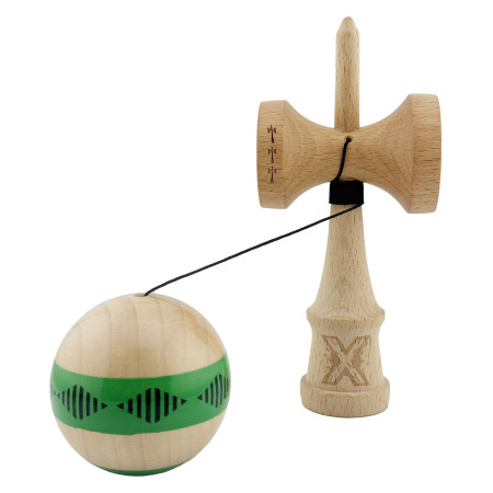 Kendama X FREQUENCY Originala, Profesionala, Cyrax, Big Cups V2, Super Sticky cu Cupe Mari, Rulment Metalic, din lemn 18 cm, Ata 55 cm, Verde/Maro