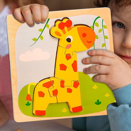 Puzzle Montessori din Lemn pentru Copii, Cyrax, 3D, 0-3 Ani, Model Girafa, Educativ, Intuitiv, Creativ, 4 Piese, 15x15x0.5 cm, Multicolor