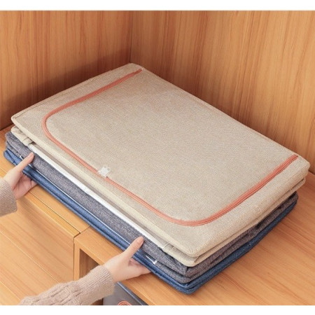 Cutie de Depozitare Pliabila,  24 L, din Bumbac si In, 40x30x20 cm, 2 Ferestre, Frontala si Laterala, 2 Usi de Acces cu Fermoar Bidirectional, Cadru Metalic, Suport Baza Stabil din Plastic, Bej