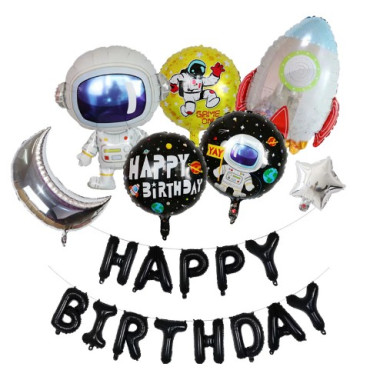Set baloane aniversare 8 piese, Cyrax, tematica HAPPY BIRTHDAY, Figurine Astronaut Racheta, 1 luna, 1 stea, 3 baloane folie, Multicolor