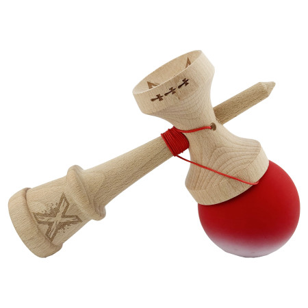 Kendama X Originala, Profesionala, Cyrax, Cupe Mari KING SIZE V3, Rubber Grip, Gaura in Baza, Rulment Metalic, din lemn 18 cm, Ata 62/65 cm, Gradient Rosu/Alb