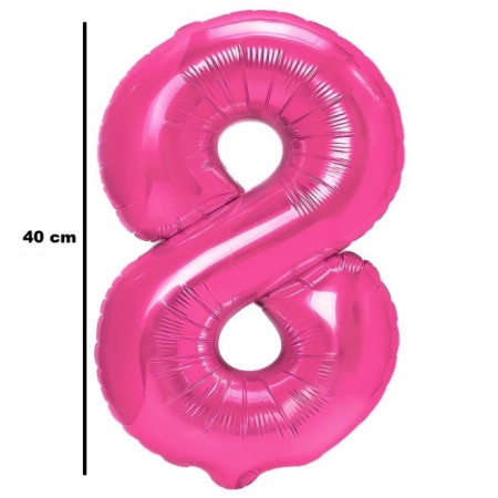 Balon din Folie Metalizata Cyrax, Figurina Cifra, Tema Aniversare 40 cm, Ambalaj Individual, Pai inclus, Umflare cu Aer sau Heliu, Roz, Cifra 8
