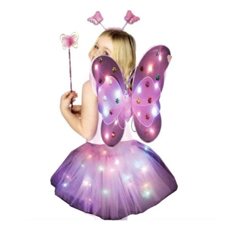 Costum Fluturas cu Aripi Modelabile Luminoase pentru Copii, Cyrax, Fusta din Tul cu Lumini, Bagheta si Bentita, 4 piese, Pentru Halloween, Roleplay, Craciun, Carnaval, Paste, Ziua Copilului, Bumbac/Poliester, Marime universala, Roz