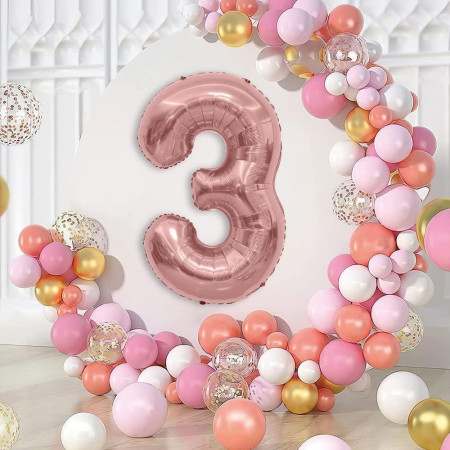 Balon din Folie Metalizata Cyrax, Figurina Cifra, Tema Aniversare 80 cm, Ambalaj Individual, Pai inclus, Umflare cu Aer sau Heliu, Rose Gold, Cifra 3
