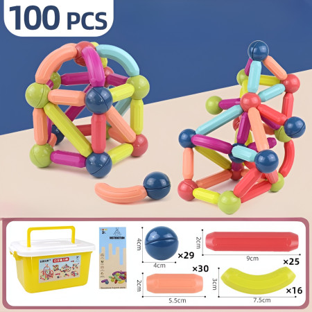 Set 100 Piese Magnetice de Constructie, Cyrax, Magnetic Sticks, Bastonase si Bile, 3 Ani, ABS, Magnet, 24 x 18.5 x 14 cm, Multicolor