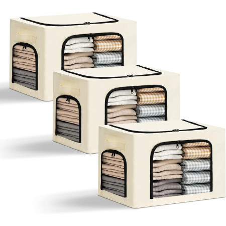 Cutie de Depozitare,  cu 3 Ferestre cu Fermoar Bidirectional, Cadru din Otel, Impermeabil, 38L, 42 x 30 x 30 cm, Bej