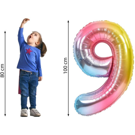 Balon din Folie Metalizata Gradient Cyrax, Figurina Cifra, Tema Aniversare 100 cm, Ambalaj Individual, Pai inclus, Umflare cu Aer sau Heliu, Multicolor, Cifra 9