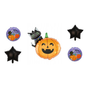 Set 5 Baloane din Folie Metalizata, Cyrax, Figurine, Tema Halloween, Pai Inclus, Ambalaj Individual, Umflare cu Aer sau Heliu, Figurina Dovleac si Pisica 84x69 cm, Stelute si Cerculete 45 cm, Multicolor