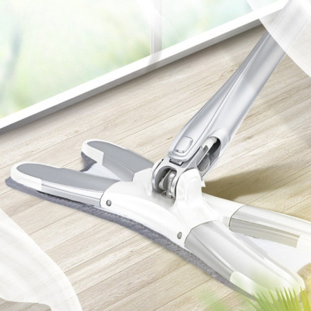 Mop Plat,  cu Sistem de Stoarcere, 2 Lavete Incluse, Lungime Telescopica 140 cm, Argintiu