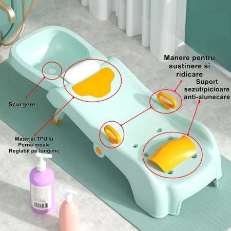 Suport Pliabil pentru Spalat Parul Cyrax, Pentru Copii, cu Scurgere, cu Picioare Antialunecare, Material Polipropilena, Suport Cap Reglabil, cu Manere, 110 x 35 x 21 cm, Verde