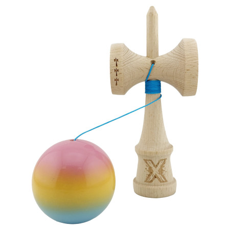 Kendama X Originala, Profesionala, Cyrax, Big Cups V2, Super Sticky cu Cupe Mari, din lemn 18 cm, Rulment Metalic cu Ata 55 cm, Roz/Galben/Albastru
