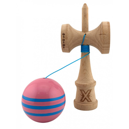 Kendama X Originala, Profesionala, Cyrax, Big Cups V2, Super Sticky Legendary Cupe Mari, Rulment Metalic cu Ata 55 cm, Roz/Linii Albastre deschise