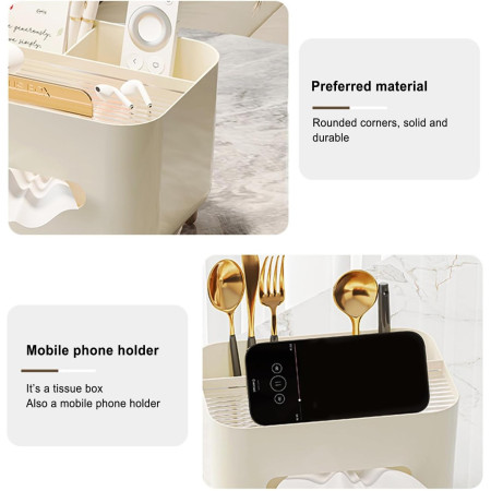 Suport pentru Servetele,  Cutie Multifunctionala, Design Minimalist, ABS, cu Suport pentru Obiectele Personale, pentru Birou, 21x15x13 cm, Crem