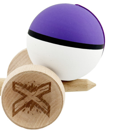 Kendama X Originala, Profesionala, Cyrax, Cupe Mari KING SIZE V3, Rubber Grip, Gaura in Baza, Rulment Metalic, din lemn 18 cm, Ata 62/65 cm, S Bicolor Violet/Alb