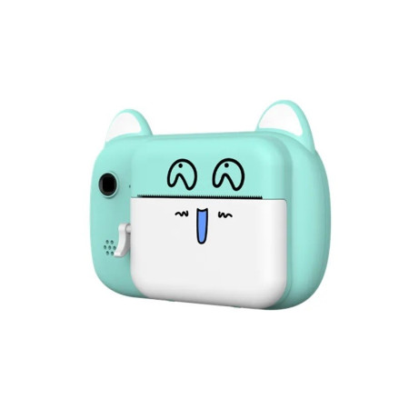 Camera Instantanee pentru Copii, Cyrax, Camera Frontala + Selfie, cu Functie de Printare, Cablu USB-C, Bluetooth, Compatibil iOS/Android, Imprimare APP, Model Pisica Smiley Face, Verde