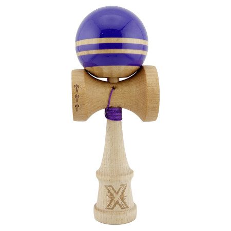 Kendama X Rainbow Originala, Profesionala, Cyrax, Big Cups V2, Super Sticky cu Cupe Mari, Rulment Metalic, din lemn 18 cm, Ata 55 cm, Indigo/Maro