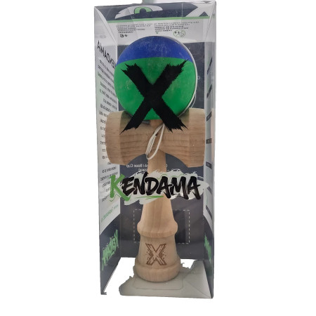Jucarie Kendama X Originala, Profesionala, Cyrax, din Lemn, Rubber Grip, 18 cm, Albastru/Verde