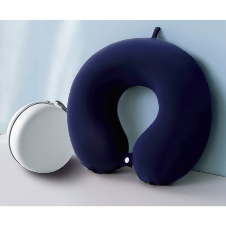 Perna de Calatorie in Forma de U,  Pentru Gat si Cap, Umplutura din Spuma cu Memorie, 30x30 cm, Sistem Prindere Capse, Cutie de Depozitare, Albastru Marin