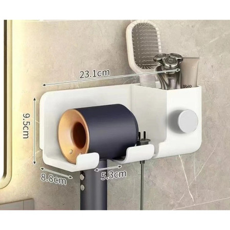 Suport de Baie,  pentru Uscator de Par, cu Organizator Dublu, din Plastic, Aplicare cu Suport Adeziv, 23 x 8.8 x 9.5 cm, Alb