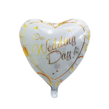 Balon din Folie Metalizata, Cyrax, Figurina Inima, Model Our Wedding Day, Tema Nunta, 45 cm, Ambalaj Individual, Pai Inclus, Umflare cu Aer sau Heliu, Alb/Auriu
