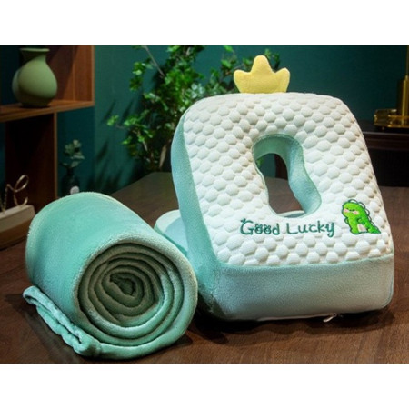 Set 2in1 Patura Microfibra si Perna din Spuma,  pentru Birou, Calatorii, Pauze, Model Dinozaur, Microfibra, 1x1.7 m, 30x35x30 cm, Verde