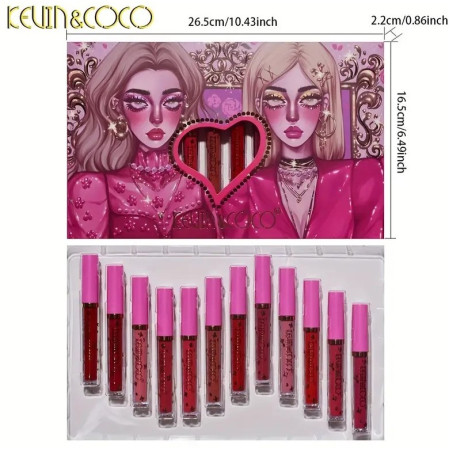 Set 12 Lip Gloss Kevin&Coco, nuante de rosu, rose, nude, cutie dreptunghiulara, 26.5x16.5x2.2 cm, 200 g, multicolor