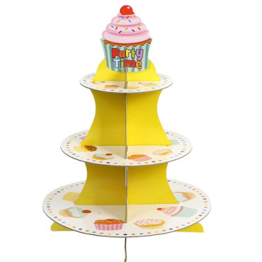 Suport Prajituri, Cyrax, 3 Etaje, Design de Petrecere, pentru Prajituri, Candy Bar, din Carton, Galben/Multicolor