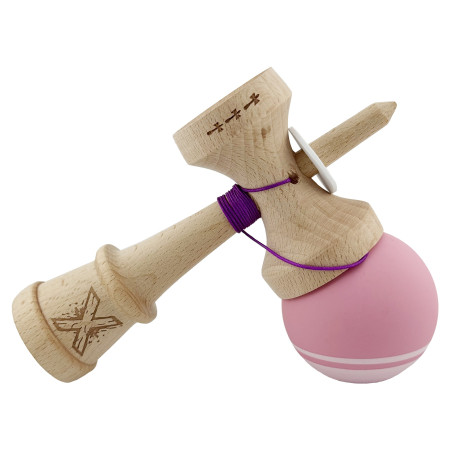 Kendama X Originala, Profesionala, Cyrax, Rubber Grip, Cupe Mari KING SIZE V3, Gaura in Baza, Rulment Metalic, din lemn 18 cm, Ata 62/65 cm, Bicolor Roz/Roz deschis