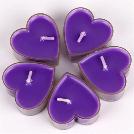 Set 9 Lumanari in Forma de Inima,  pentru Ziua Indragostitilor, Aroma de Lavanda, Ardere 3.5 h, din Parafina, 4 x 2 cm, Mov