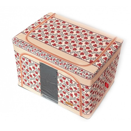 Cutie de Depozitare Pliabila,  66 L din Bumbac si In, 52 x 42 x 39 cm, Fereastra Frontala, 2 Usi de Acces cu Fermoar Bidirectional, Cadru Metalic, Suport Baza Stabil din Plastic, Motiv Traditional Model 7
