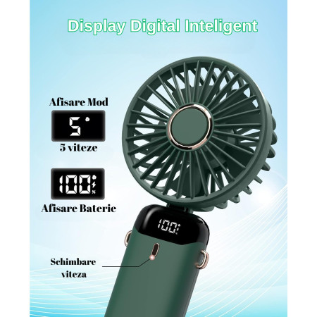 Ventilator Ultra Portabil cu Aromaterapie,  3 in 1, de Mana, de Birou, de Gat, 5 Trepte de Viteza, Incarcare USB, Autonomie 12h, Pliabil, cu Ecran LCD, Verde