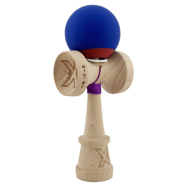 Kendama X Originala, Profesionala, Cyrax, Rubber Grip, Cupe Mari KING SIZE V3, Gaura in Baza, Rulment Metalic, din lemn 18 cm, Ata 62/65 cm, Bicolor Albastru inchis/Rosu