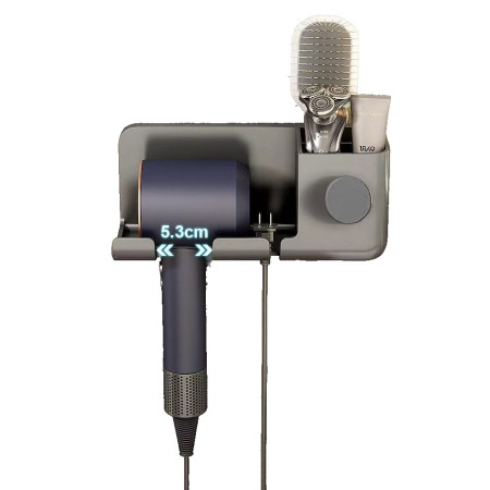 Suport de Baie,  pentru Uscator de Par, cu Organizator Dublu, din Plastic, Aplicare cu Suport Adeziv, 23 x 8.8 x 9.5 cm, Gri