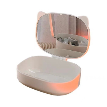 Cutie cu Oglinda, Model Pisica, Cyrax, 4 Compartimente, Cutie de Depozitare a Machiajelor si Accesoriilor, Oglinda de Machiaj, 17x13x6cm, Alb