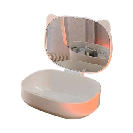 Cutie cu Oglinda, Model Pisica, Cyrax, 4 Compartimente, Cutie de Depozitare a Machiajelor si Accesoriilor, Oglinda de Machiaj, 17x13x6cm, Alb