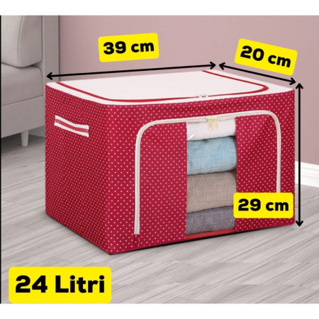 Cutie de Depozitare Pliabila,  24 L, Panza Oxford, 40x30x20 cm, Fereastra Frontala, 2 Usi de Acces cu Fermoar Bidirectional, Cadru Metalic, Suport Baza Stabil din Plastic, Imprimeu Buline, Rosu