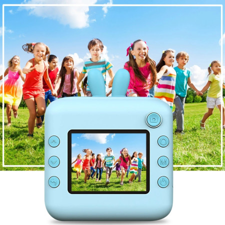 Camera Instantanee pentru Copii, Cyrax, cu Functie de Printare, Cablu USB-C, Bluetooth, Compatibil iOS/Android, Imprimare APP, Model Iepure, Snur de Agatat Inclus, Albastru