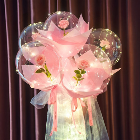 Trandafir in Balon LED cu Lumini, Cyrax, Tip Buchet, Diametru 35 cm, Roz