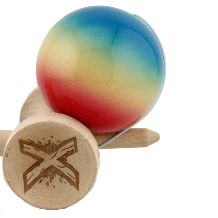 Kendama X Originala, Profesionala, Cyrax, Big Cups V2, Super Sticky Cupe Mari, Rulment Metalic cu Ata 55 cm, Rosu/Galben/Albastru