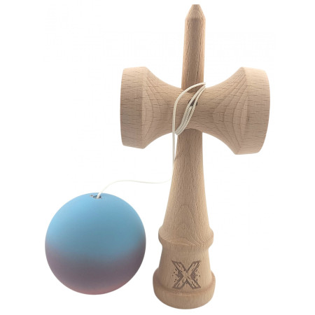Kendama X Originala, Profesionala, Cyrax, din Lemn, Rubber Grip, 18 cm, Roz/Mov/Albastru