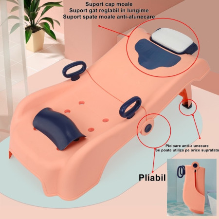 Suport Pliabil pentru Spalat Parul Cyrax, Pentru Copii, 0 - 16 ani, cu Picioare Antialunecare, Material Polipropilena, Suport Cap Reglabil, cu Manere, 82 x 40 x 28 cm, Roz pal