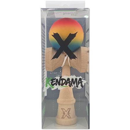 Kendama X Originala, Profesionala, Cyrax, din Lemn, Rubber Grip, 18 cm,Rosu/Galben/Albastru