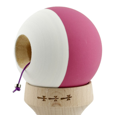 Kendama X Originala, Profesionala, Cyrax, Rubber Grip, Cupe Mari KING SIZE V3, Gaura in Baza, Rulment Metalic, din lemn 18 cm, Ata 62/65 cm, Bicolor Roz inchis/Alb