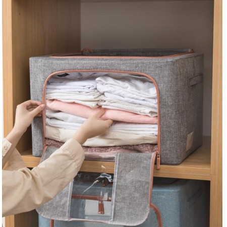 Cutie de depozitare pliabila,  Cu fermoar, 100 L, Textil, 60x42x40 cm, Cadru Metalic, Suport Baza Stabil din Plastic, Gri